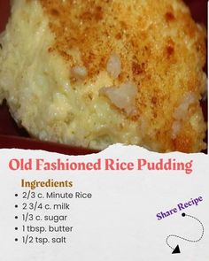 an old fashioned rice pudding recipe in a red bowl with instructions on how to make it