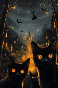 two black cats staring at the camera in front of a night scene with bats and pumpkins