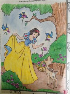 a drawing of snow white in the woods with her dog and bird on it's back