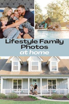 a family is posing in front of their house with the words, life style family photos at home