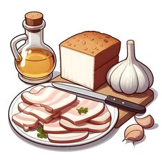 a plate with meat, bread and garlic on it next to an onion oil bottle