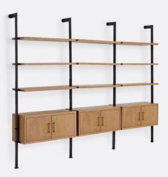 two wooden shelves with metal handles and drawers