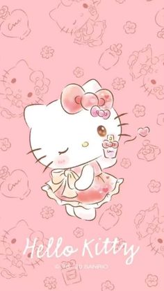 a hello kitty wallpaper with hearts and flowers on the pink background that says hello kitty