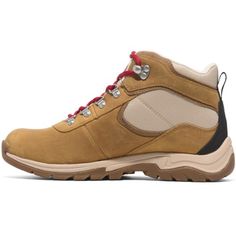 a pair of brown hiking boots with red laces on the outstretches