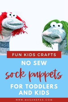 two stuffed animals with the words fun kids crafts no sew sock puppets for toddlers and