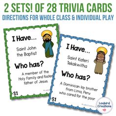 two sets of 2 trivia cards with pictures of jesus and mary