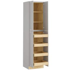 an open cabinet with shelves and drawers