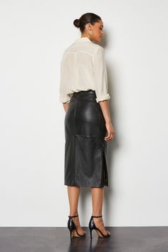 Leather Pencil Skirt | Karen Millen Leather Pencil Skirt For Work, Leather Knee-length Pencil Skirt For Work, Fall Workwear Skirt With Belt Loops, Modern Leather Skirt For Work, Elegant Leather Skirt With Belt Loops, Formal Leather Skirt With Belt Loops, Fall Midi Skirt For Date Night, Fall Date Night Pencil Skirt, Chic Leather Pencil Skirt For Work