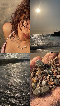 a woman in a bathing suit on the beach next to rocks and water at sunset