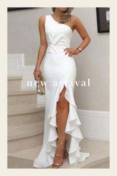 Sexy One Shoulder Ruffles Wedding Elegant Off Shoulder Evening Party Dress Ruffle Prom Dress, Split Long Dress, Floral Dress Formal, Evening Dresses With Sleeves, Lace Formal Dress, Dress Sleeve Styles, White Dress Party, Vestidos Vintage, Formal Evening Dresses