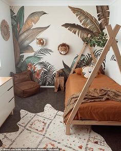 a bed room with a ladder and plants on the wall