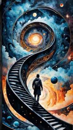 a man standing on top of a spiral staircase in front of a sky filled with stars