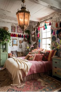 A cozy, eclectic bedroom with colorful textiles, a large lantern light, potted plants, and decorative wall hangings. Modern Boho Bedroom Ideas, Modern Boho Bedroom