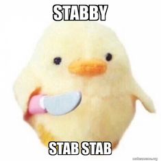 a stuffed animal with a toothbrush in it's mouth that says stabby