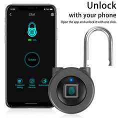 an open lock and padlock with the text unlock with your phone open the app and unlock it with one click