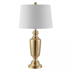 a gold table lamp with a white shade