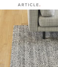 a living room with a couch and rugs on the floor, in front of an article about how to use it