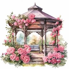 a watercolor painting of a gazebo with pink flowers