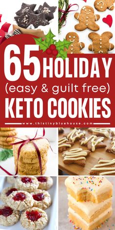 christmas cookies and desserts with text overlay that reads 65 holiday easy & guilt free keto cookies