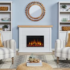 a living room filled with furniture and a fire place in the middle of it's wall