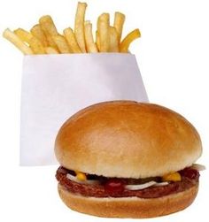 a hamburger and french fries on a white background