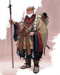 an old man with a long white beard holding a stick and wearing a brown outfit