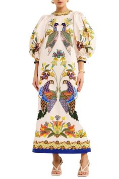 PRICES MAY VARY. Pull On closure Hand Wash Only Flare Long Dress, Loose Midi Dress, Puff Sleeve Midi Dress, Round Neck Dress, Dress Retro, Round Neck Dresses, Bird Patterns, Bird Print, Puffed Sleeves Dress