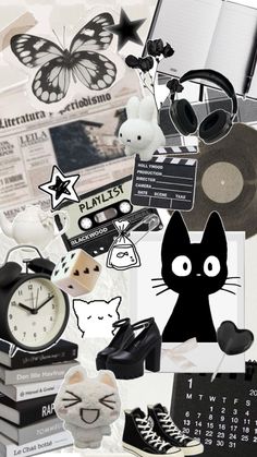 a collage of various items including an alarm clock, books, and cat figurines