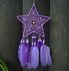 a purple dream catcher hanging on a wooden fence