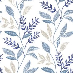 a blue and white wallpaper with leaves on it