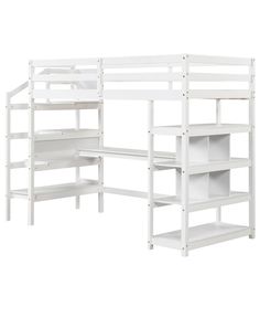 a white bunk bed with shelves on the top and bottom shelf below it, against a white background