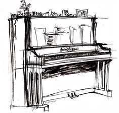 a black and white drawing of a piano in front of a shelf with flowers on it