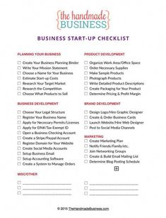 the handmade business checklist is shown in red and white with text that reads, business