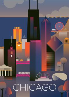 the chicago skyline is shown in this retro style poster