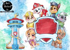 cartoon dogs holding a red shield with the word paw patrol on it and an image of a