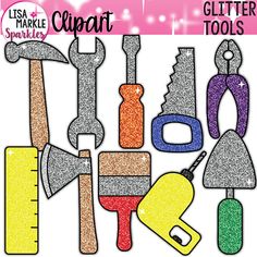 glitter tools clipart for crafting and scrapping, including scissors, hammers, measuring