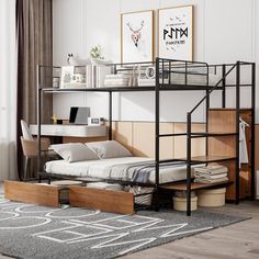 a loft bed with drawers underneath it in a bedroom next to a desk and chair