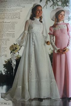 two women in dresses and hats standing next to each other on a page from an old magazine