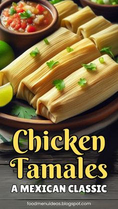 chicken tamales on a plate with salsa and limes