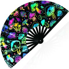 a black fan with colorful butterflies and stars on it