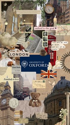 a collage of pictures with the words london and other things on them, including a clock tower