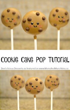 cake pops with chocolate chipped faces on them and the words cookie cake pop in front