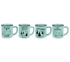 four coffee mugs with camping designs on them are lined up in a row against a white background