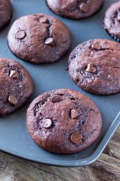 chocolate muffins in a baking pan ready to be baked into the oven with chocolate chips on top