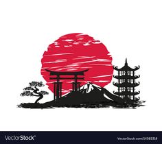 Landscape Vector, Japanese Artwork, Japan Tattoo, Japanese Landscape, Samurai Art, Japanese Tattoo Art, Red Sun