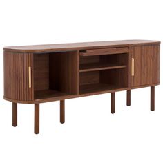 the sideboard is made out of wood and has two doors on each side, one door open