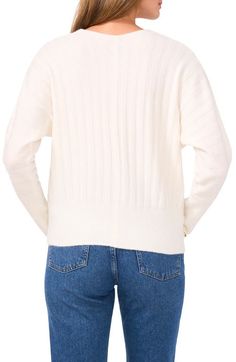 "Find VINCE CAMUTO Rib Sweater on Editorialist. Drapey dolman sleeves lend a slouchy fit to this softly ribbed V-neck sweater. 23 1/2\" length (size Medium) V-neck Long sleeves 73% acrylic, 24% polyester, 3% spandex Dry clean Imported" Rib Sweater, Ribbed Sweater, Antique White, V Neck Sweater, Dolman Sleeve, Vince Camuto, Vneck Sweater, Neck Sweater, Dry Clean