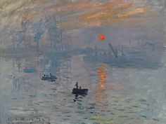 a painting of boats in the water at sunset