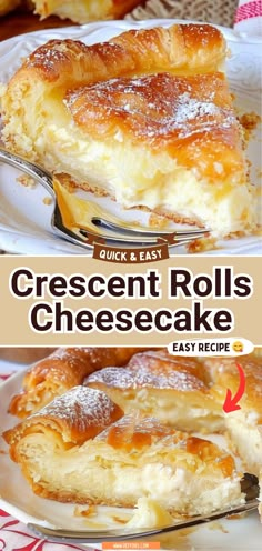 cheesecake on a white plate with the words crescent rolls cheesecake in front of it