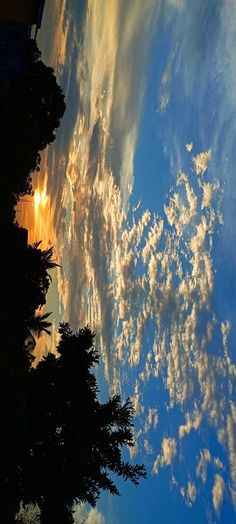 the sun shining through clouds and trees in front of a blue sky with white clouds